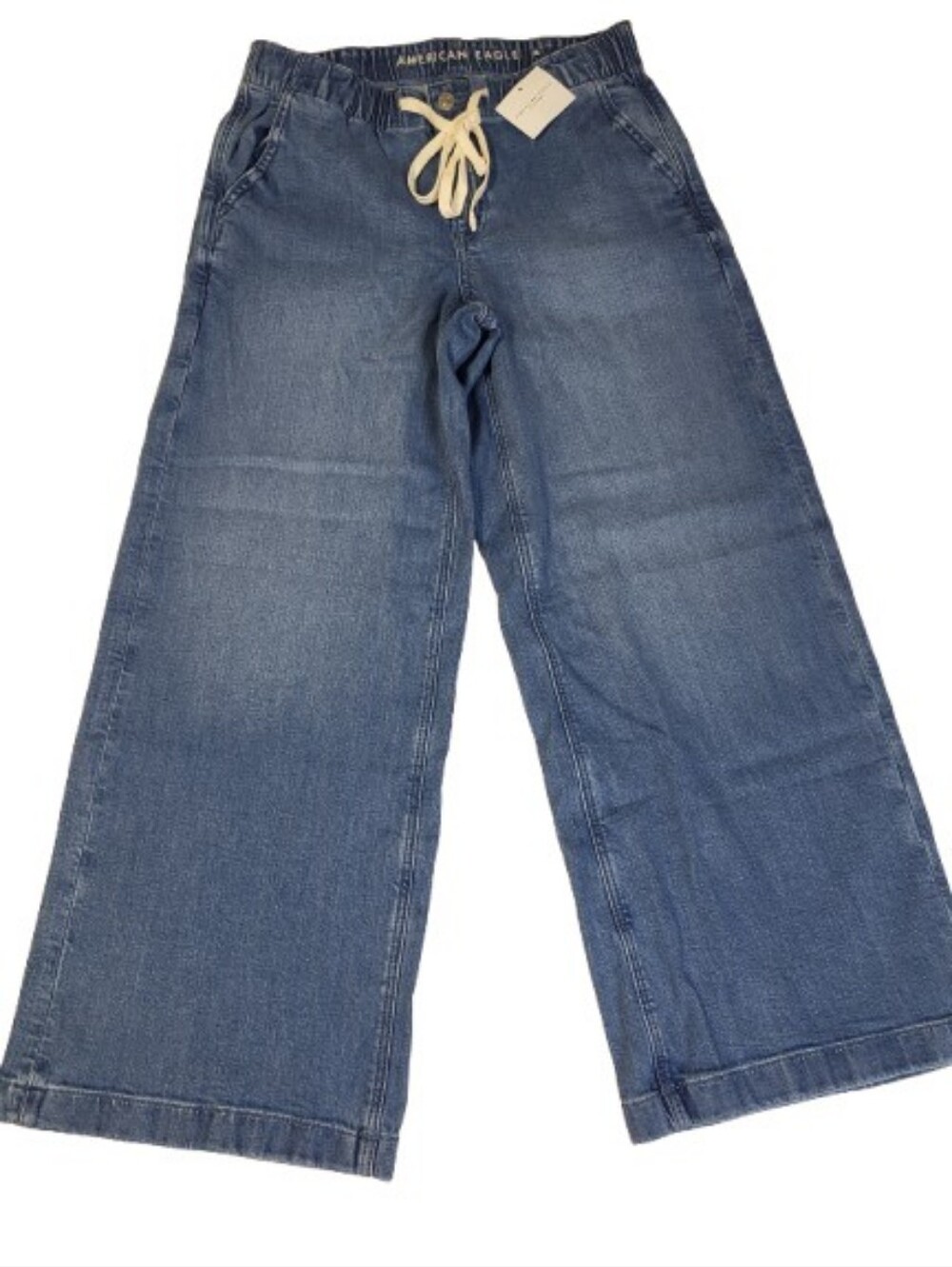American Eagle Wide Leg Drawstring Pants Jeans Elastic Waist Button XS Short